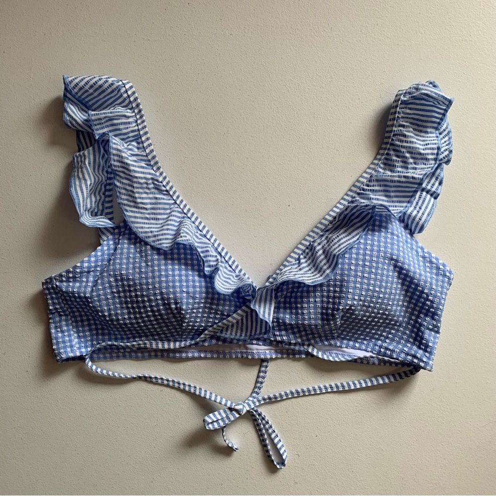 aerie Light Blue and White Ruffle Strap Bikini Top